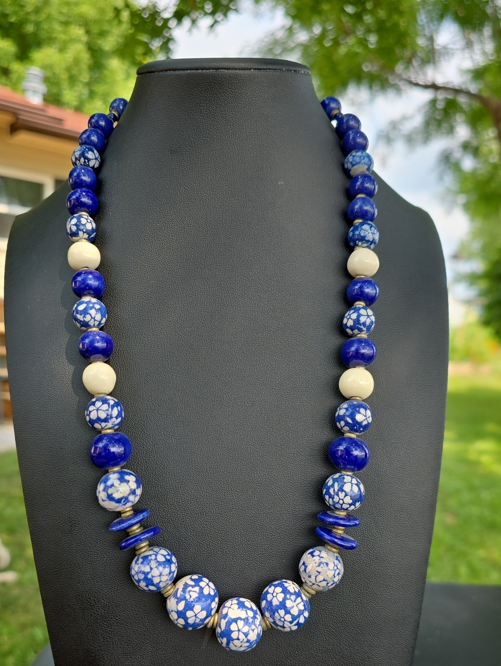 Claycult Cambodia Handmade Blue White Ceramic Porcelain Statement Necklace Lapis